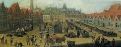 Braamberg square in Bruges, Belgium, former fish market with Oostvleeshuis building and distant view of the former Sint-Donaaskathedraal cathedral