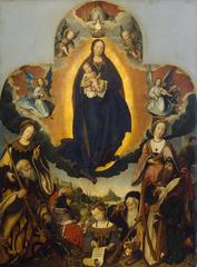 The Coronation of the Virgin by Jan Provoost painting depicting the Virgin Mary being crowned by Christ with angels surrounding them