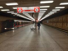 Metro station in Prague with trains on both sides of the platform
