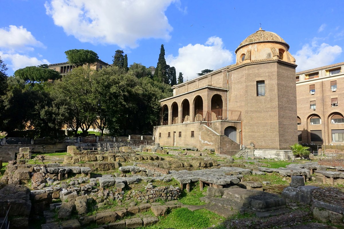 Sant'Omobono Area with ancient ruins and columns in Rome, Italy