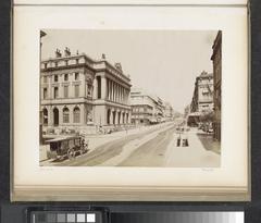 Vintage street view of La Canebière in Marseille with the Palais de la Bourse and a horse-drawn carriage