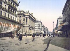 Historic Canebière street and Palais de la Bourse in Marseille around 1890-1900
