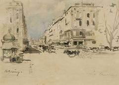 View of the Canebière street in Marseille with buildings and pedestrians, pencil and watercolor