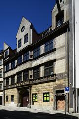 Historic building at Burgstraße 5 in Munich's Altstadt district with restored facade and cellar in July 2022