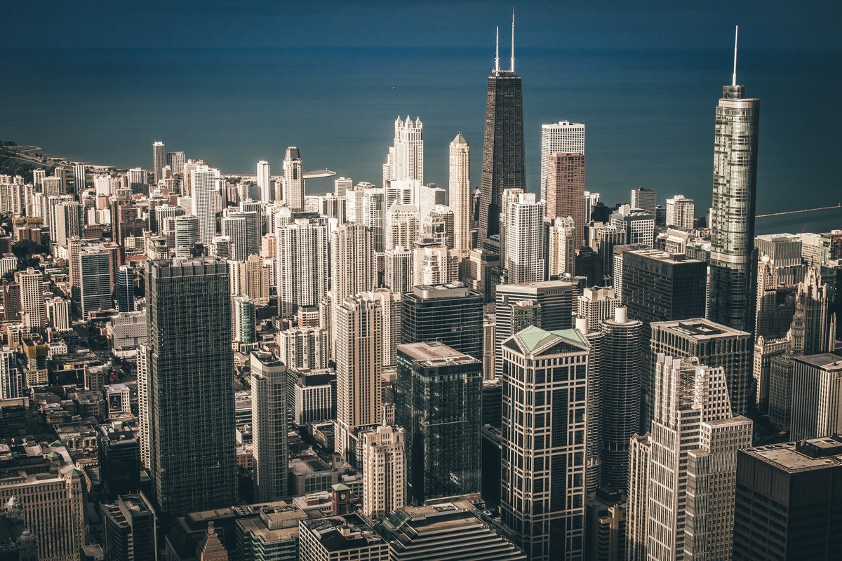 Chicago skyline with Lake Michigan at sunset
