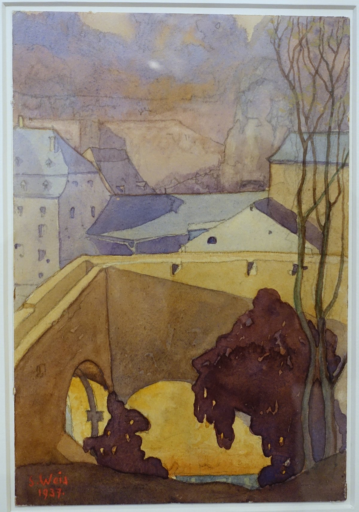 Watercolor painting of Le 'Bisserwé' at Grund with the bridge over Alzette River by Sosthène Weis, 1937