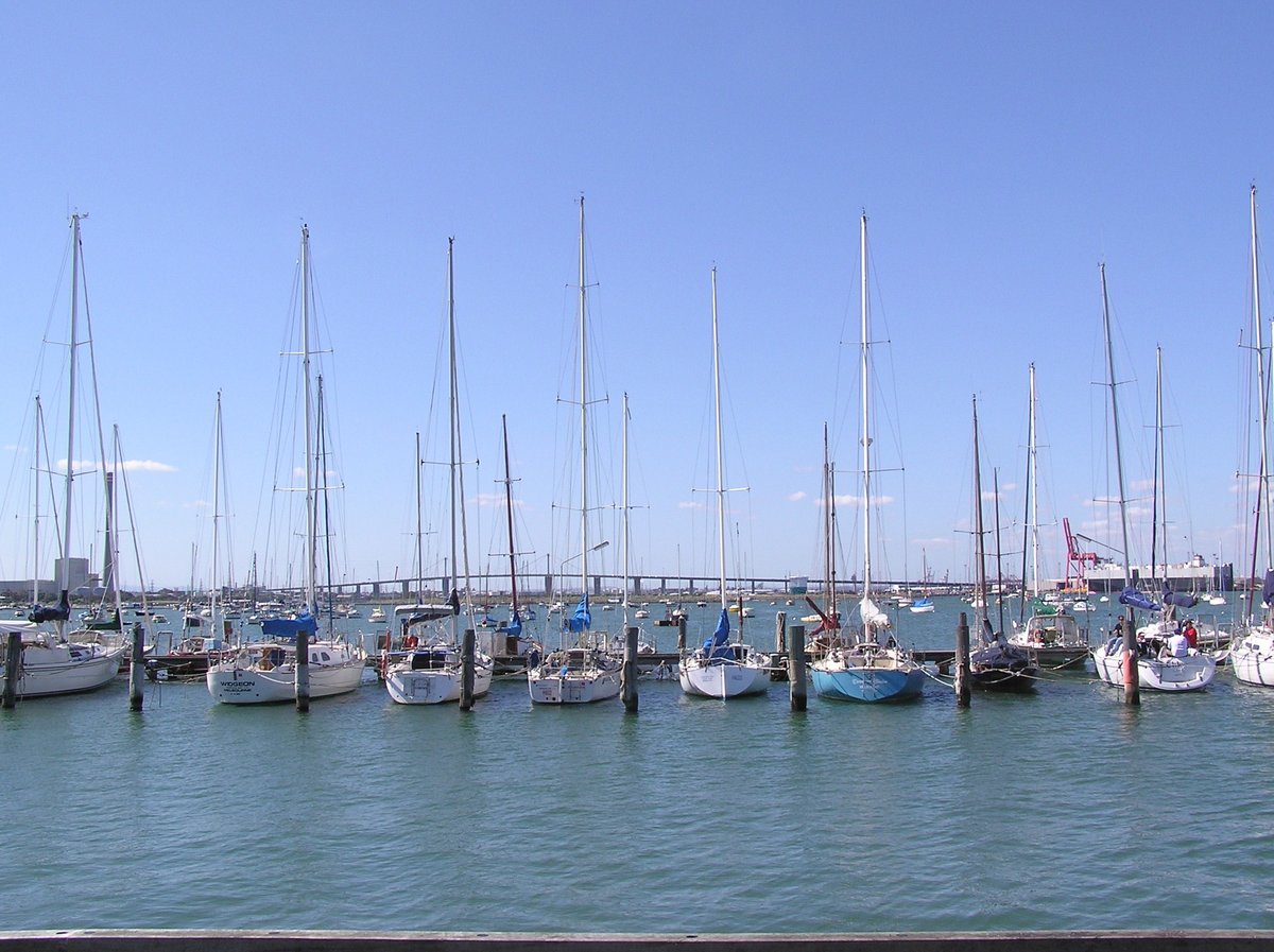 West Gate Bridge viewed from Williamstown with a clear blue sky
