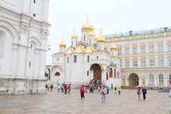 August 2016 view of Moscow city with historical and modern buildings under partly cloudy sky