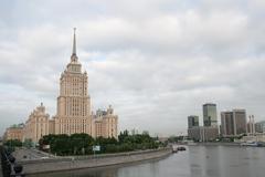 Hotel Ukraina in Moscow at sunset with historic architecture