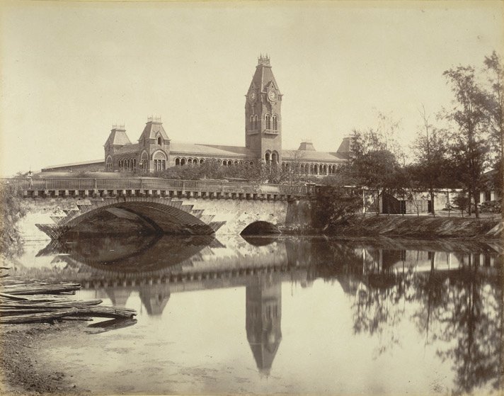 Historic photograph of Central Railway Station in Madras (Chennai) circa 1880