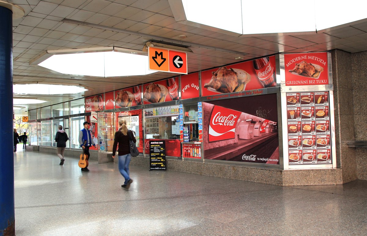 Fast food chicken grill named Pipi Grill inside Vysočanská metro station in Prague, Czech Republic