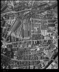 Aerial photo of Manchester city taken by RAF in 1946 showing urban landscape and buildings