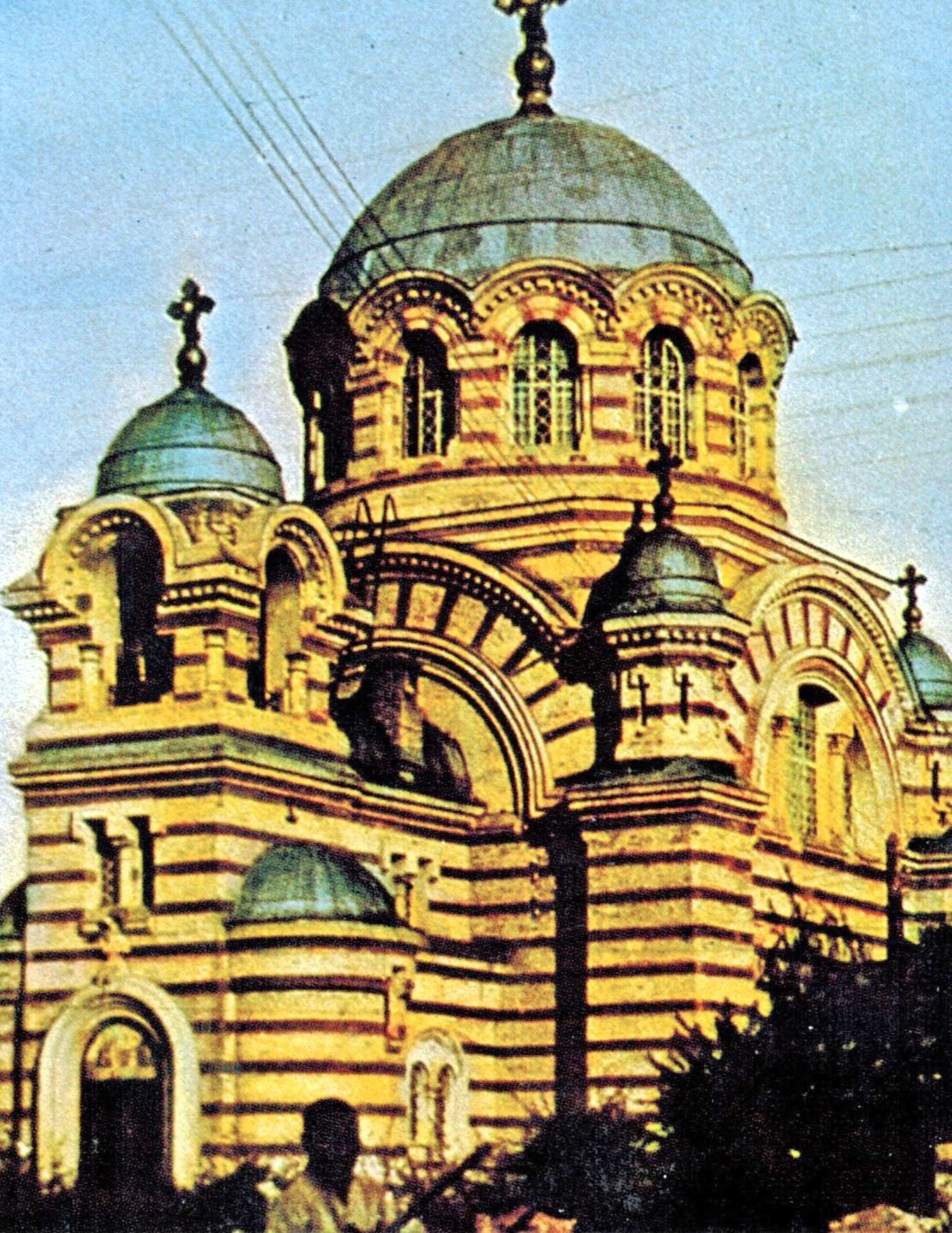 Pokrovsky Church on the old cemetery in Harbin, colorized photo