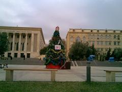 New Year Christmas tree in Baku, decorated with lights and ornaments on a winter evening