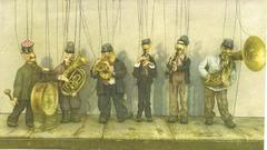 Street musicians performing with instruments on a sidewalk