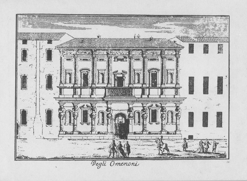 Engraving of Casa degli Omenoni, House of big men, in Milan by Marc'Antonio Dal Re