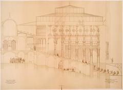 Architectural drawing of a new theater project in Tiflis with longitudinal section of the building excluding the stage