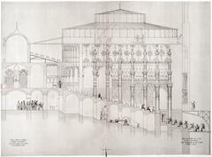 Architectural project drawing of a new theater in Tiflis from 1887-1888 showing longitudinal section of the building excluding the stage