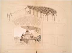 Historic portal of Tiflis city theater at the stage with lowered curtain