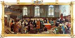 Painting depicting the debate on languages during the first Legislative Assembly of Lower Canada on January 21, 1793