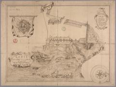 Historic map of Fort Saint-Louis and surroundings in Quebec, showing ongoing restoration works, fleur-de-lis compass rose, and royal coat of arms