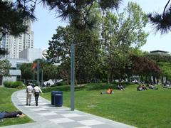 Yerba Buena Gardens in San Francisco with modern skyscrapers and green park