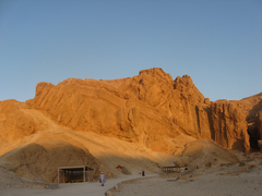 Aerial view of the Valley of the Queens near Luxor, Egypt with desert terrain and ancient tombs visible