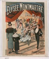 Vintage French poster advertising a masked ball at Elysée Montmartre with dancers in costume