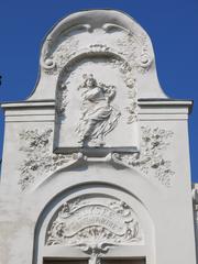 Detail of the façade relief of Élysée-Montmartre from Bal Mabille at 72 Boulevard de Rochechouart, Paris 18th arrondissement