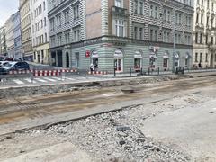 Modern tram moving through urban area in Prague