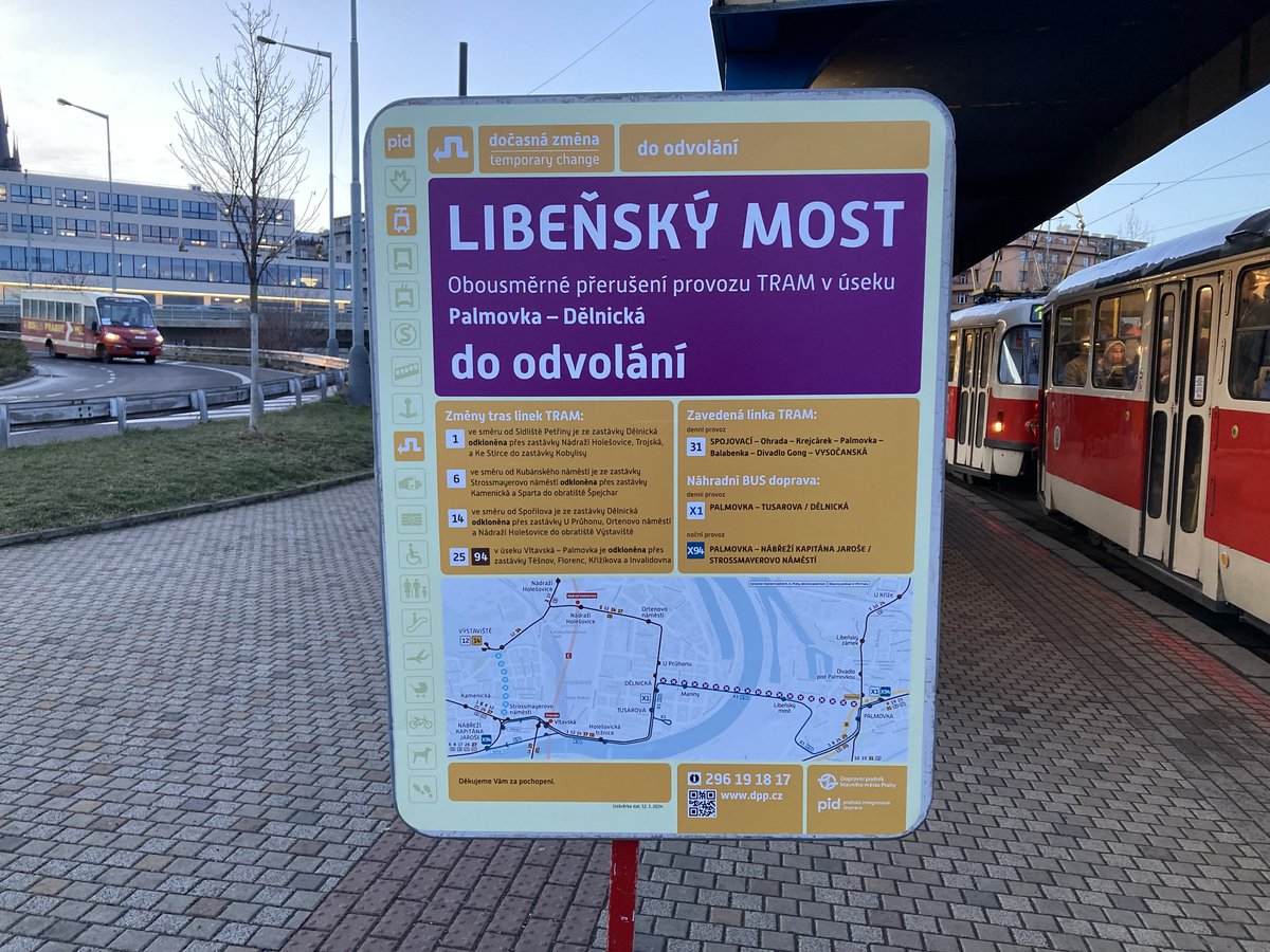 Warning sign about the closure of Libeňský Bridge near Vltavská metro station