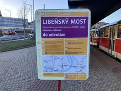 Warning sign about the closure of Libeňský Bridge near Vltavská metro station