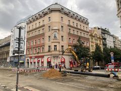 View from Vltavská to Bio Oko in Prague with tram tracks and streetcars
