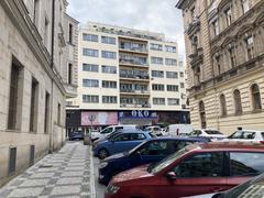 View of urban buildings from Vltavská station towards BioOko cinema in Prague