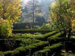Section of medicinal plants with neatly trimmed hedges at Bucharest Botanical Garden