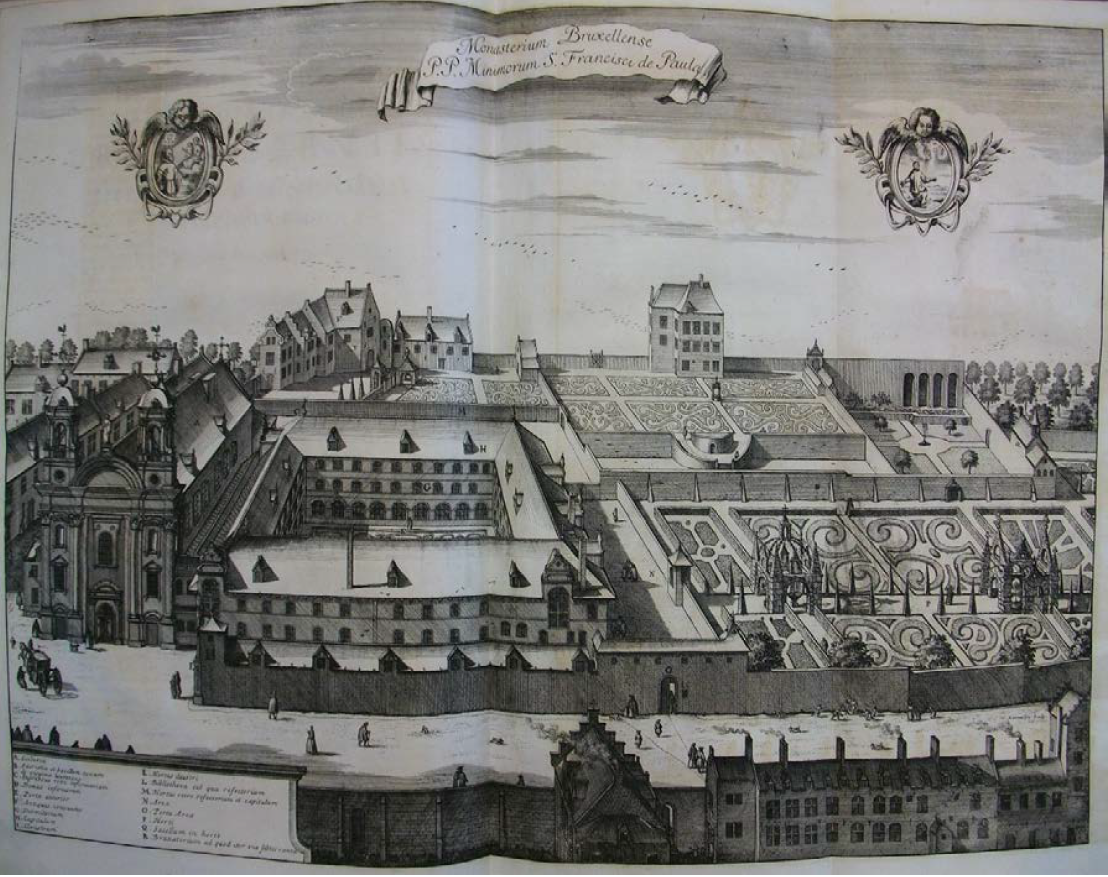Engraving of Brussels Minim convent and post 1700 church from 1727 by Sanderus showing historical buildings including house of Vesalius and chapel of Our Lady of Loreto