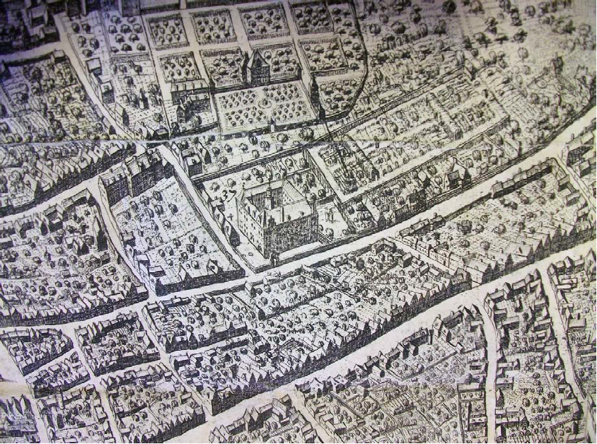 Detail of 1640 plan of Brussels showing Hoogstraat, Bovendal, Sweertstraat and Minim convent