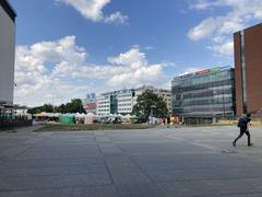 Pankrac metro station entrance with surrounding urban buildings