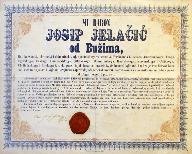 Proclamation by Ban Josip Jelačić abolishing serfdom in the Kingdom of Croatia dated April 25 1848