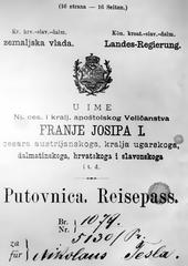 Nikola Tesla passport page 1 from 1883