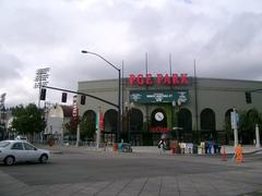 Main facade of PGE Park stadium in Portland Oregon with clear blue sky
