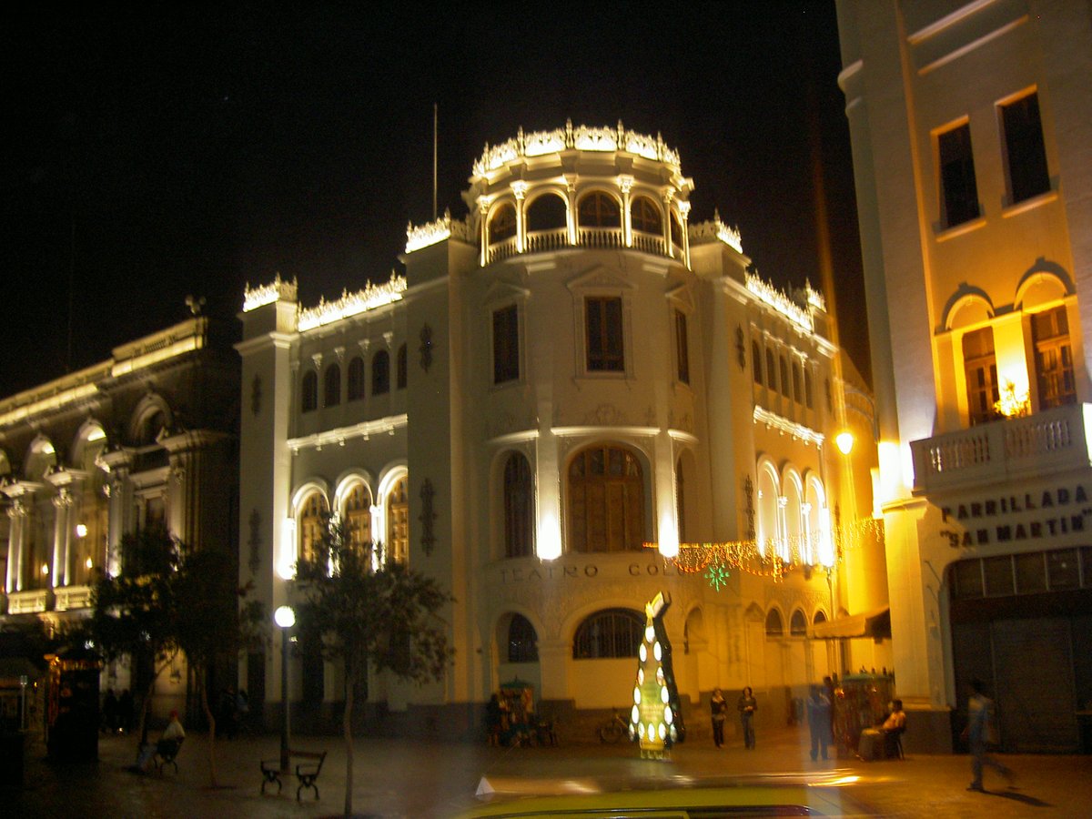 Front view of the recently refurbished Teatro Colon theater located in historic downtown Lima, Peru, near Plaza San Martin