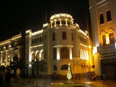 Front view of the recently refurbished Teatro Colon theater located in historic downtown Lima, Peru, near Plaza San Martin