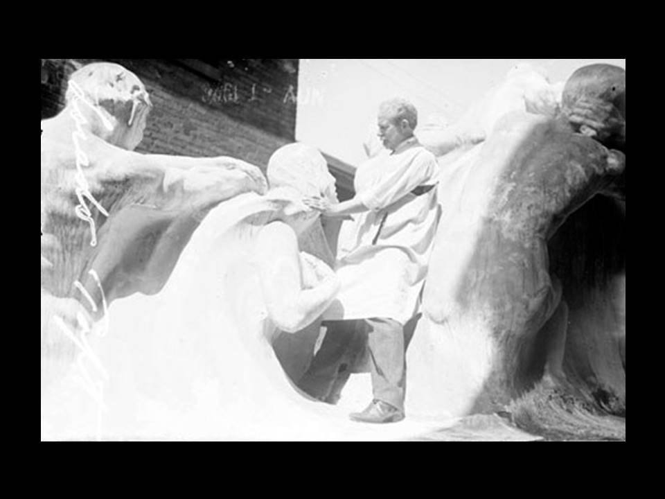 Lorado Taft standing on the partially complete Fountain of Time sculpture in Washington Park Chicago