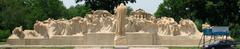 Panorama of the Fountain of Time sculpture by Lorado Taft on a sunny day with renovation sign