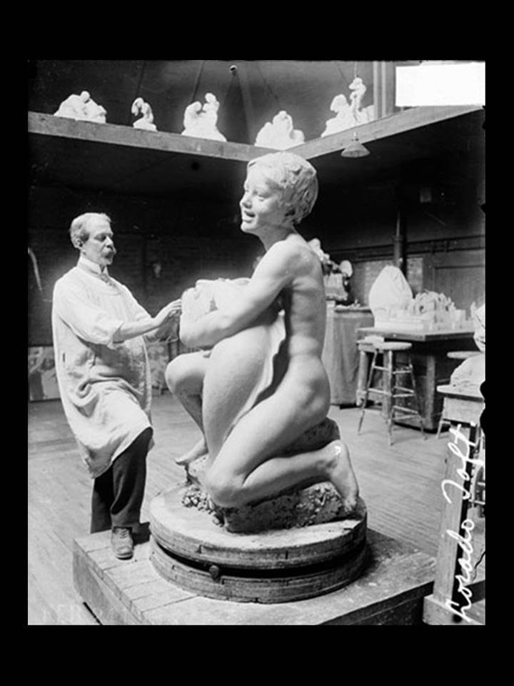 Lorado Taft sculpting the Fountain of Time at his Midway Studio in Woodlawn, Chicago