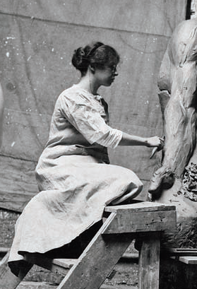 Kathleen Beverly Robinson Ingels sculpting fullscale clay model for the Fountain of Time 1920s