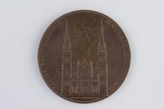 Bronze medal depicting the inauguration of Saint-Ambroise Church in neo-Gothic style with winged figure and city emblem