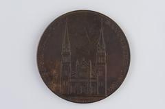 Bronze medal commemorating the inauguration of Saint-Ambroise Church on November 11, 1869, featuring neogothic church relief and allegorical figures representing architecture arts and trades