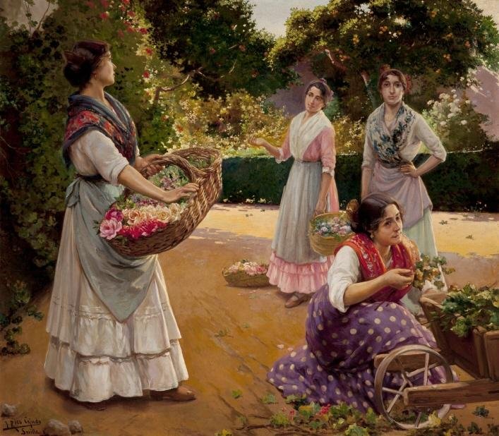 Group of female florists arranging flowers in María Luisa Park, Seville